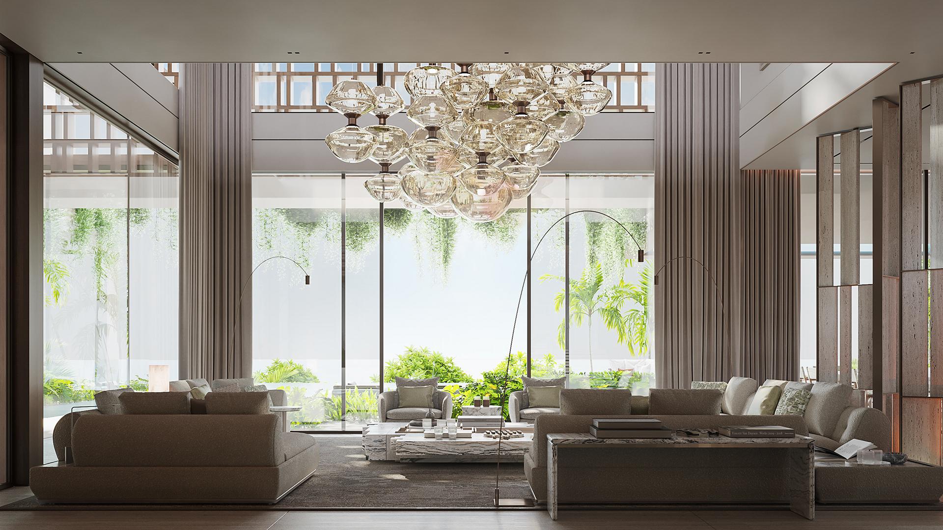 Double-height living room with chandelier
