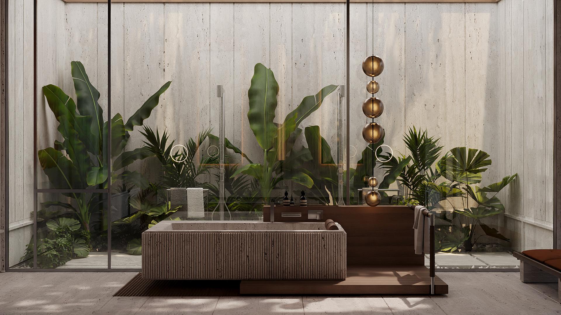 Luxury spa bathroom with tropical garden