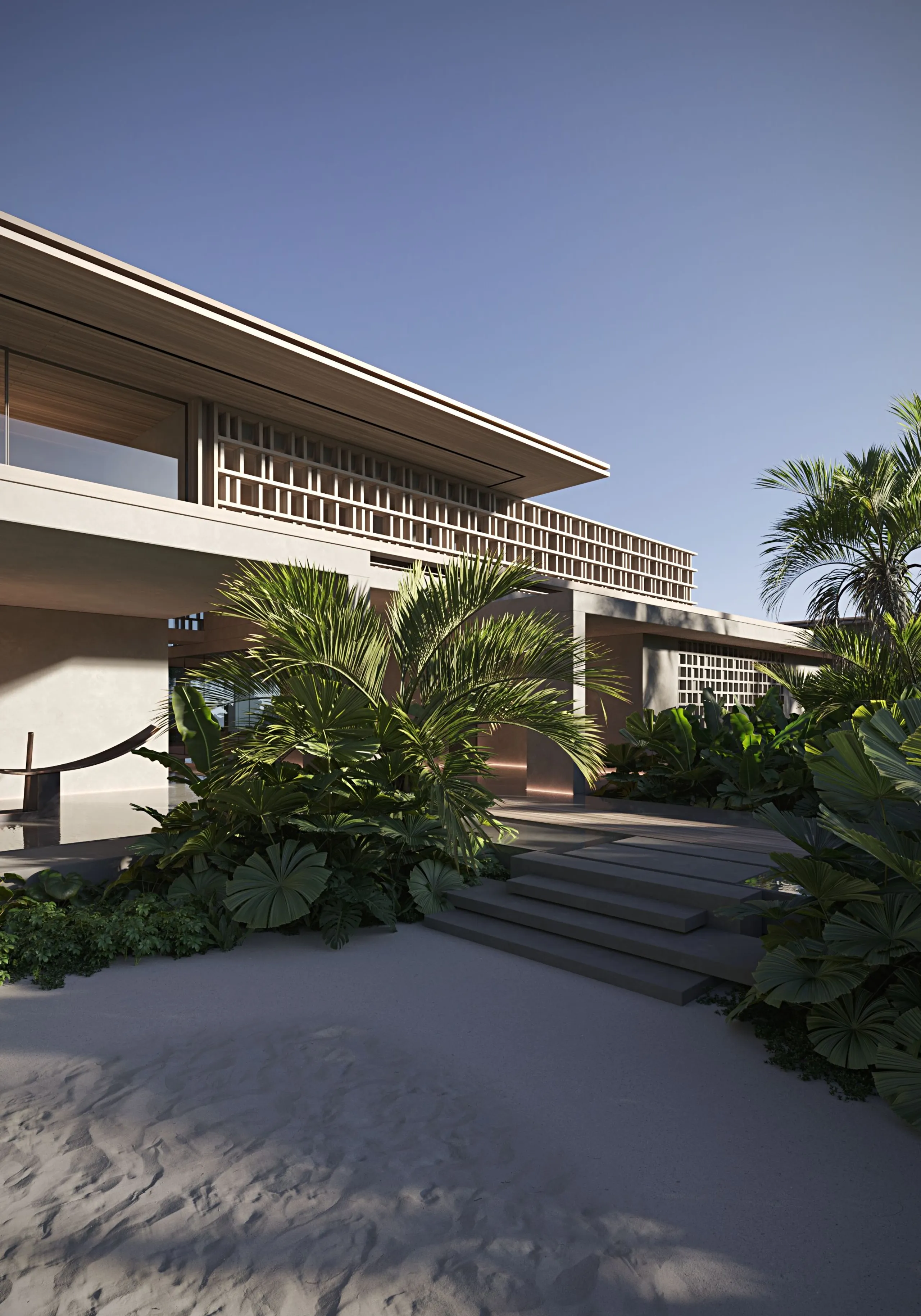 Modern villa exterior from beachfront
