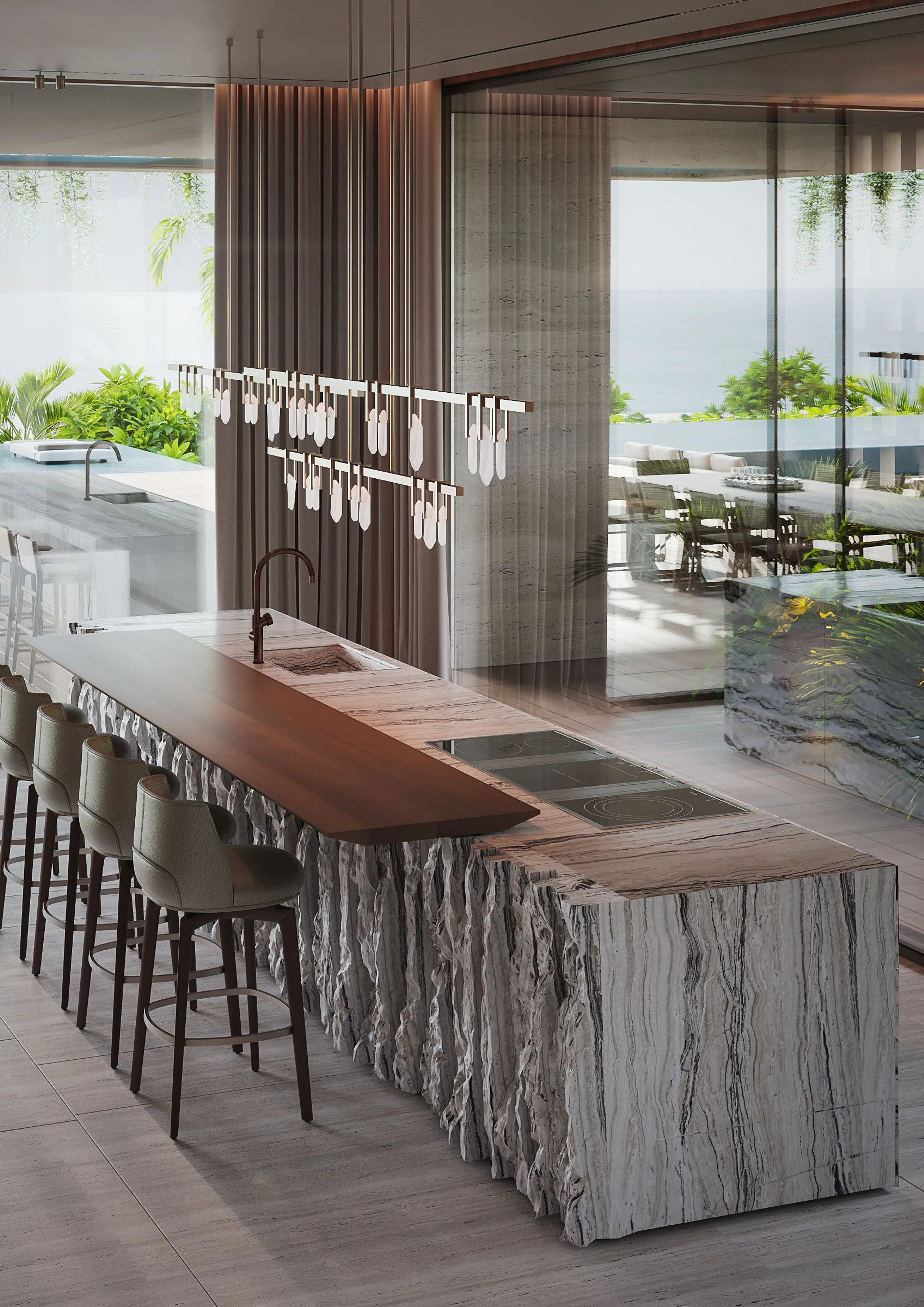 Designer kitchen with raw-edge marble island