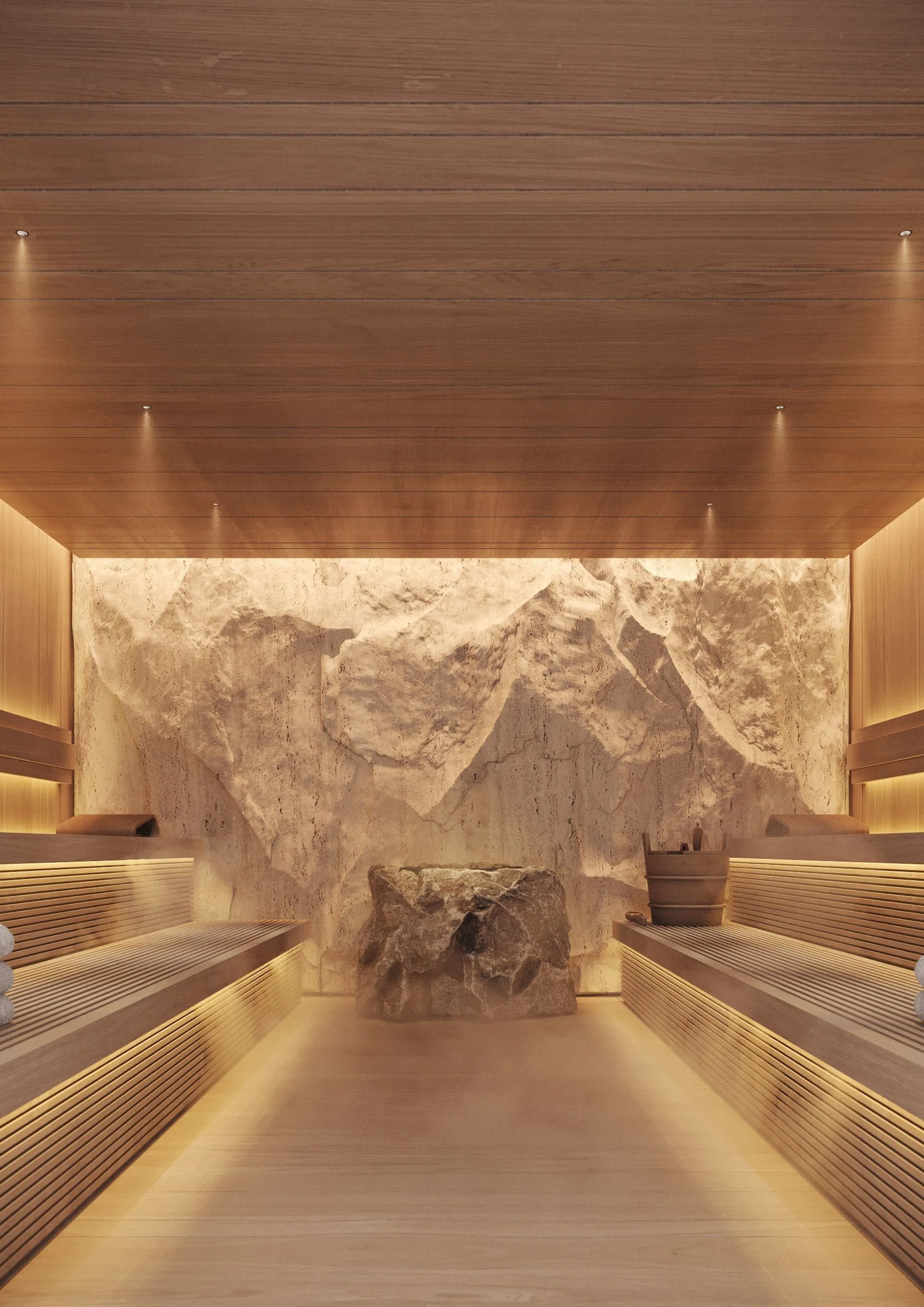 Luxury cedar sauna with natural stone feature wall