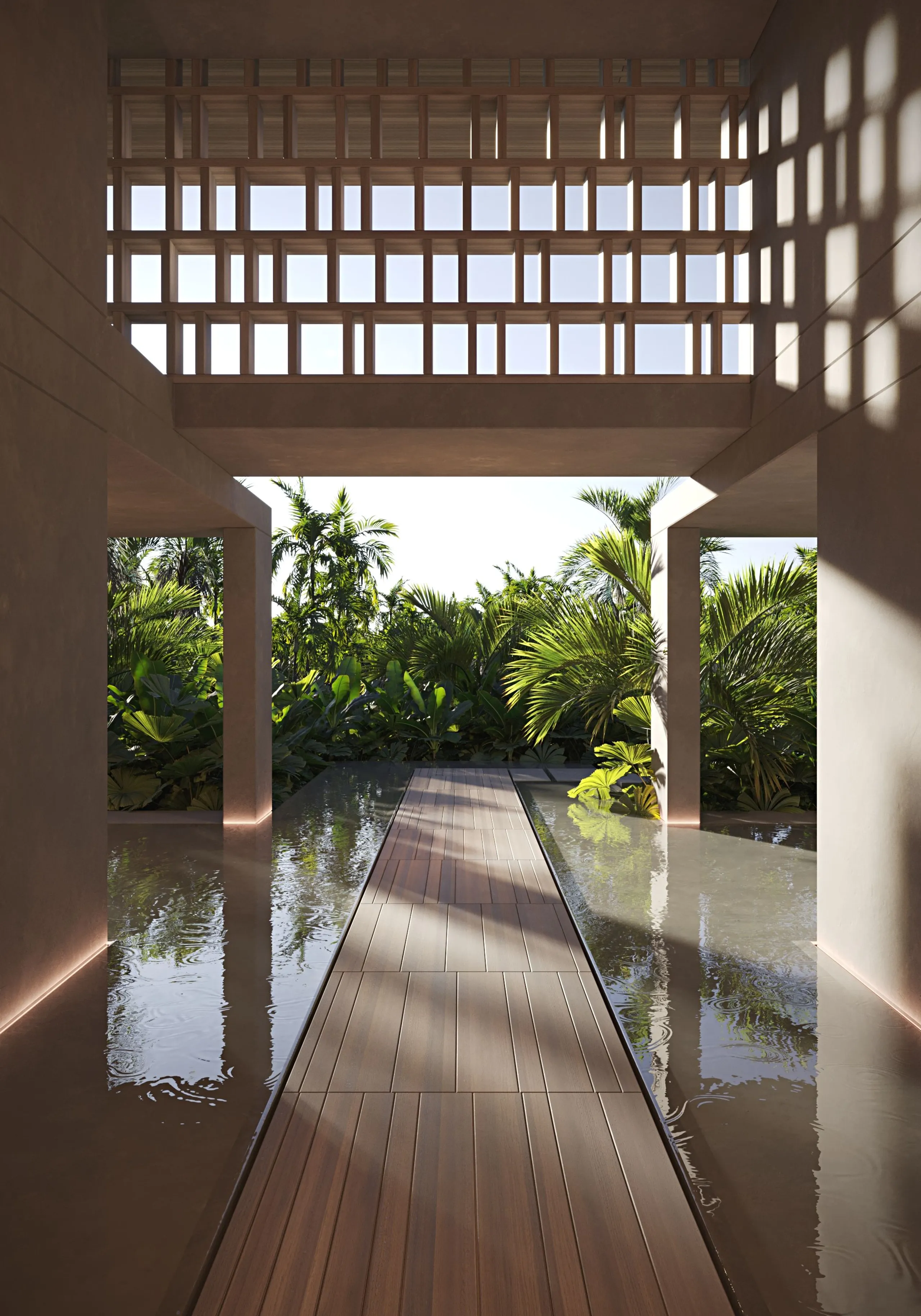 Architectural walkway over reflecting pools