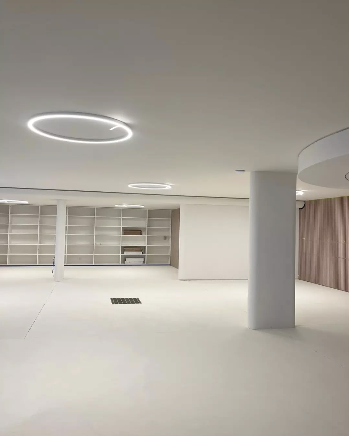 Minimalist basement with circular LED lights and built-in shelving