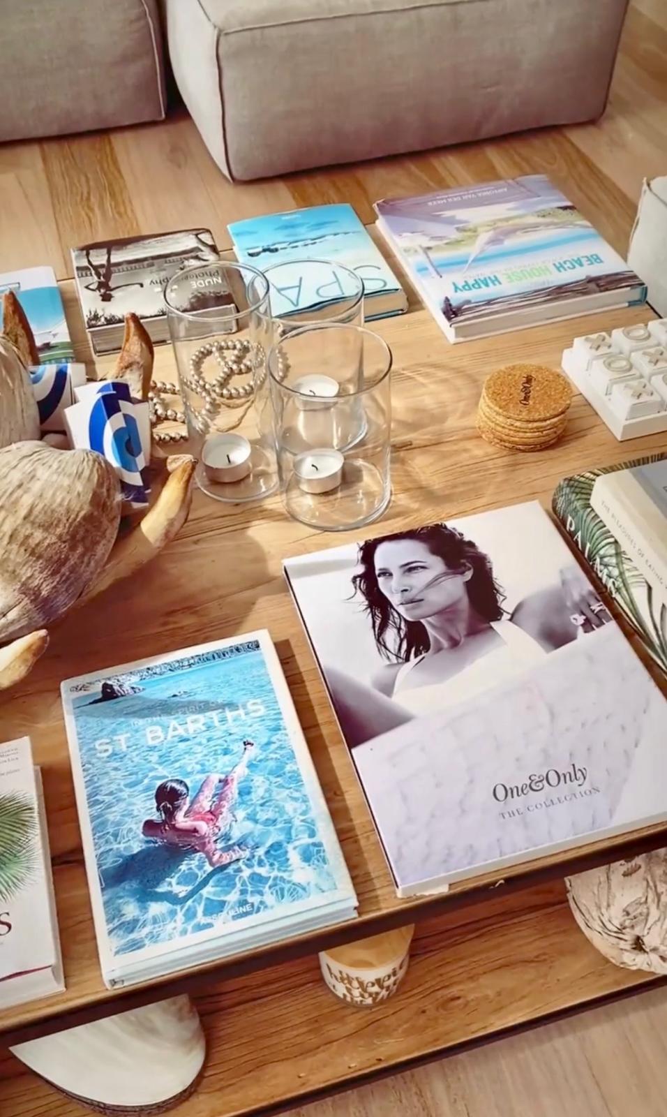 Coffee table styling with coastal books and decor