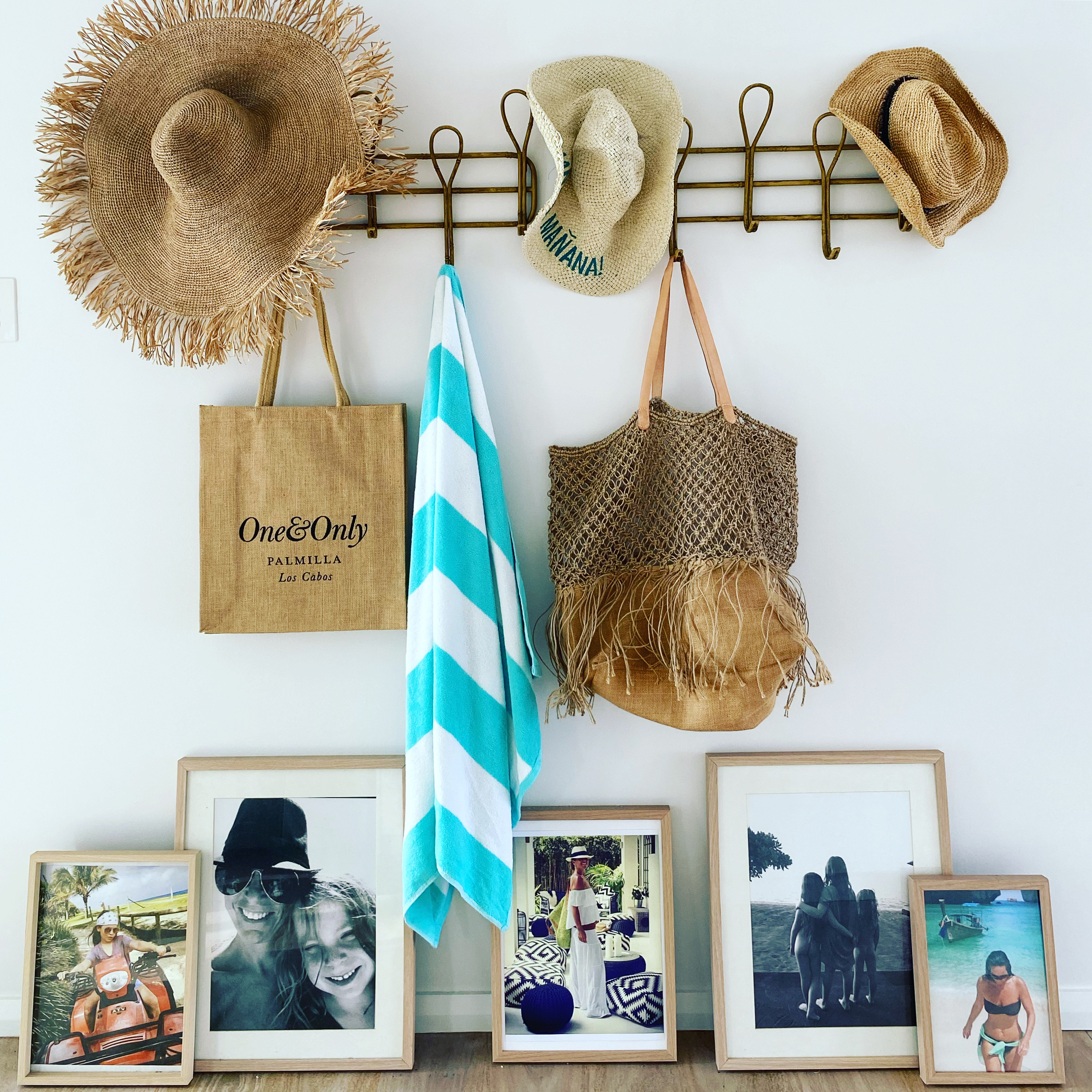 Beach accessories with straw hats and bags