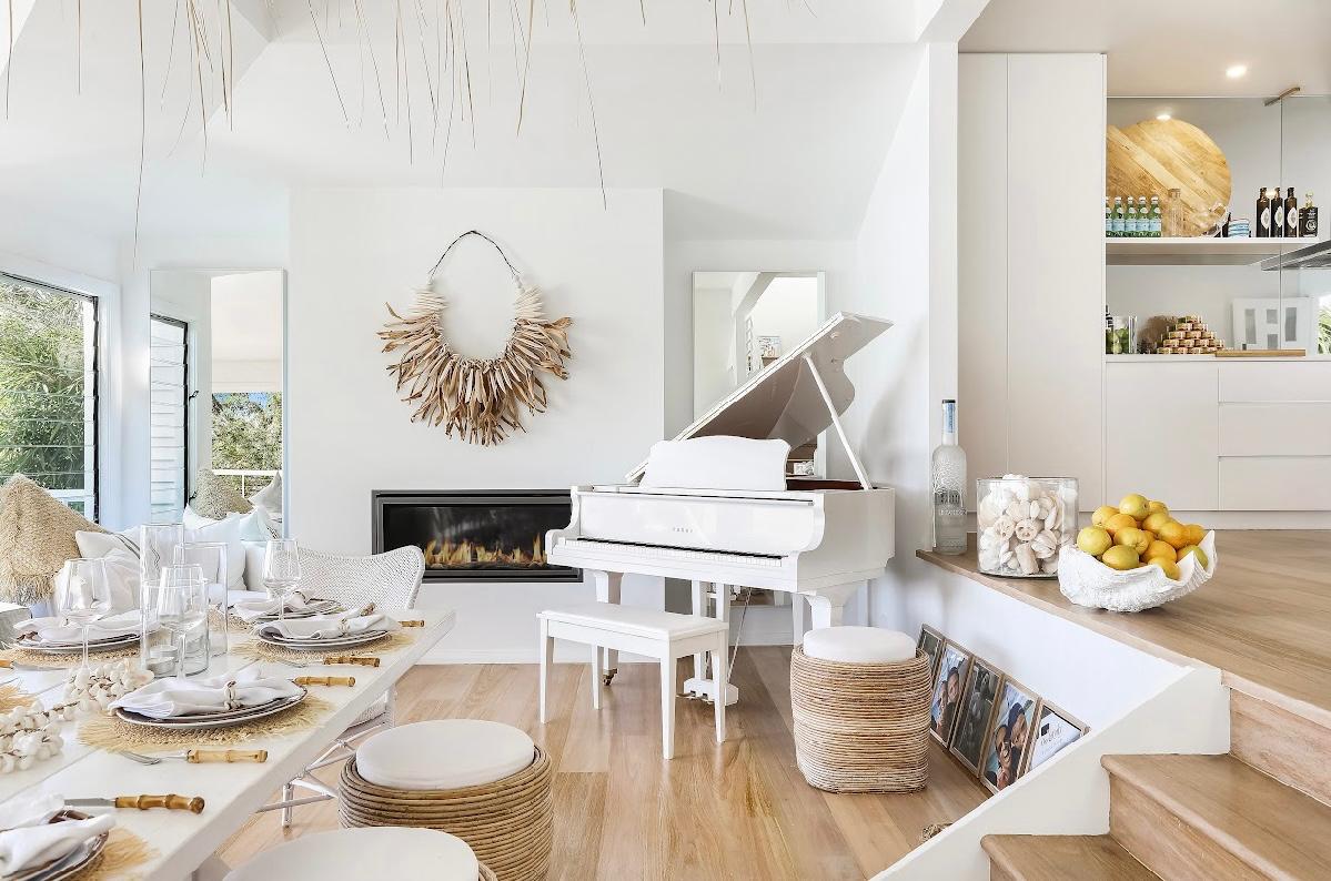 Cathedral ceiling living room with ocean views