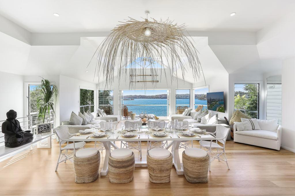 Bright living space with vaulted skylights