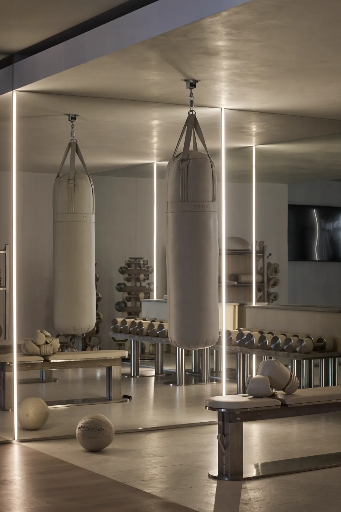 Private gym with punching bags and LED lighting